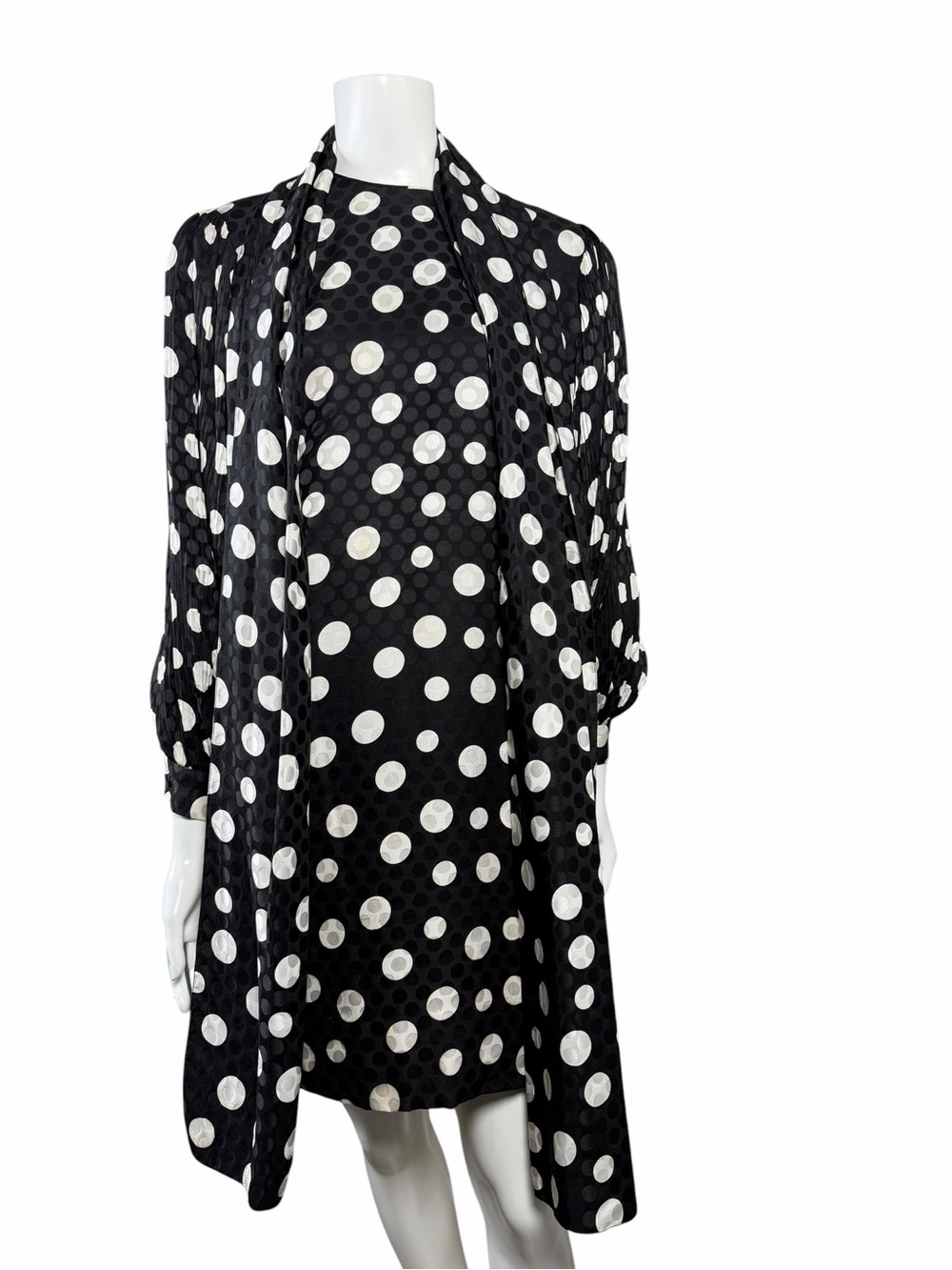 Vintage David Hayes Neiman Marcus Black Silk Polka Dot Dress & Scarf Size 4
